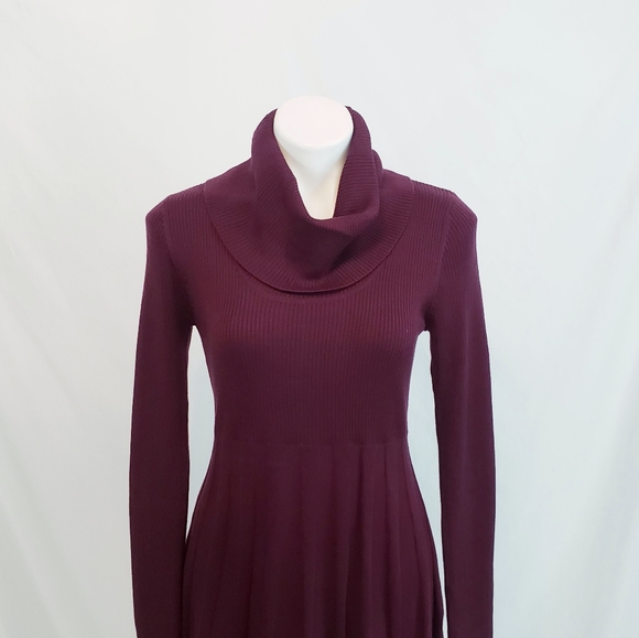 Calvin Klein Cowl Neck Fit & Flare Sweater Dress Aubergine Size Medium - Picture 3 of 11